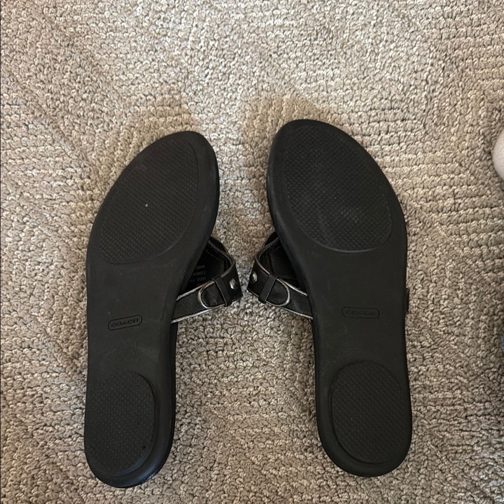 COACH Black Leather Toe-Ring Sandals with Logo Medallion - Picture 6 of 9